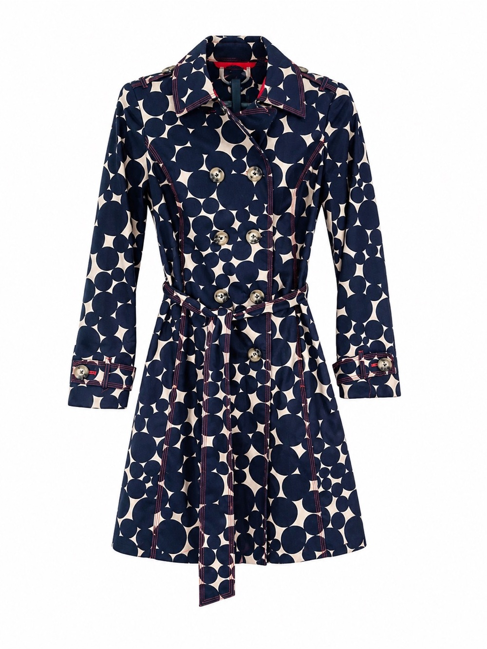 Boden Navy Polka Dot Belted Trench Coat Red Lining US 8